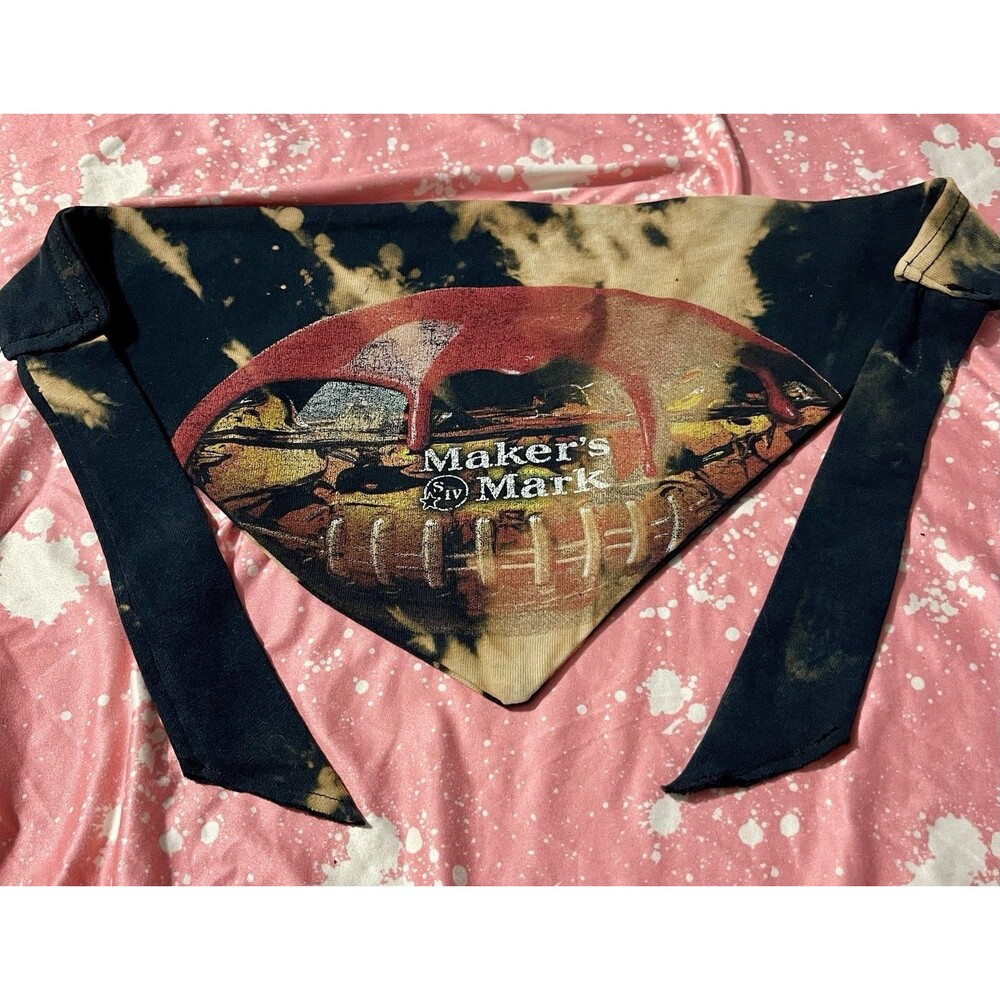 Maker's Mark Bourbon Football Bleach Tie-Dye Tie-On Dog Bandana Upcycled SzM/L